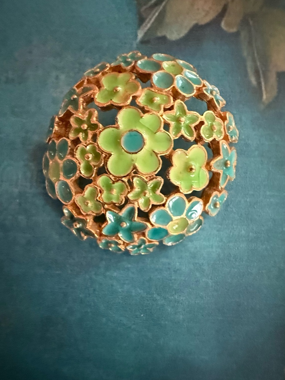 Handcrafted Floral Enamel Brooch - Green and Teal